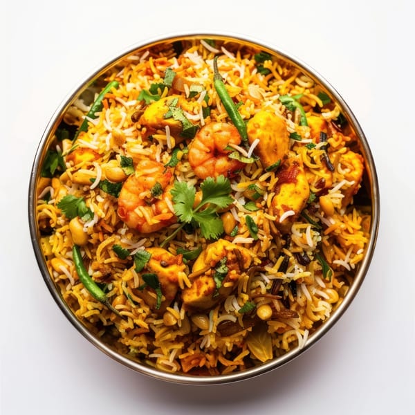 Himalayan Spice Frisco's Indian biryani with shrimp, paneer, and green chilies in a metal bowl.