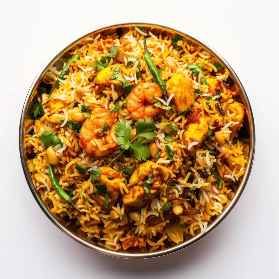 Himalayan Spice Frisco's Indian biryani with shrimp, paneer, and green chilies in a metal bowl.